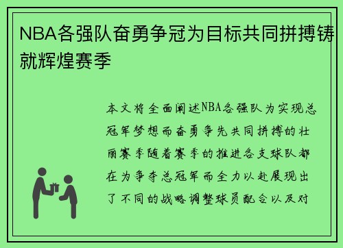 NBA各强队奋勇争冠为目标共同拼搏铸就辉煌赛季