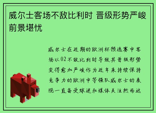 威尔士客场不敌比利时 晋级形势严峻前景堪忧