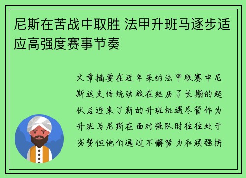 尼斯在苦战中取胜 法甲升班马逐步适应高强度赛事节奏