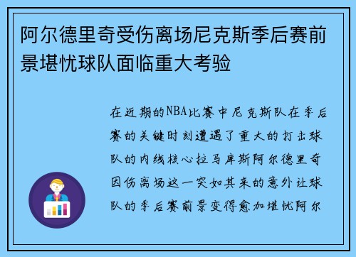 阿尔德里奇受伤离场尼克斯季后赛前景堪忧球队面临重大考验