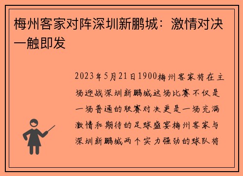 梅州客家对阵深圳新鹏城：激情对决一触即发